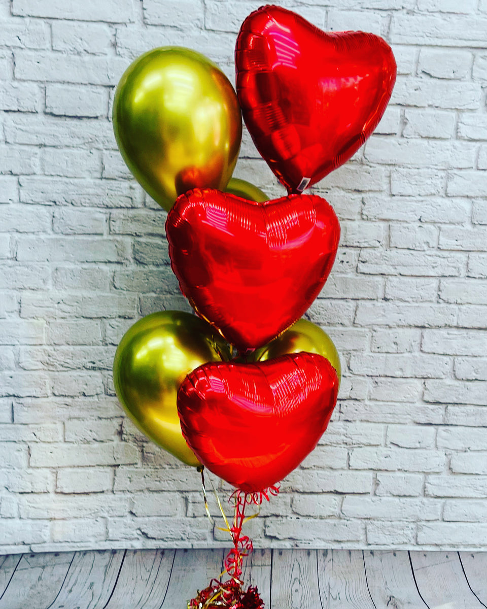 Love Red Hearts and Gold latex balloons bouquet – London Balloon Shop