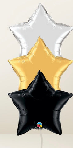 Silver , Black , Gold Star Foil Balloon Bouquet of 3 Helium Filled with Weight