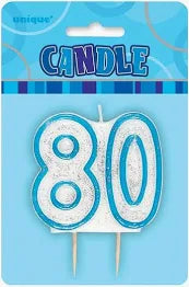 NUMBER 80 BLUE AND WHITE CAKE CANDLE