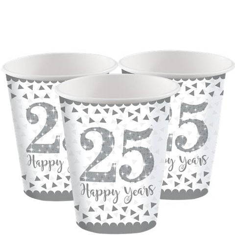 25th Silver Sparkling Wedding Anniversary Paper Party Cups - 266ml