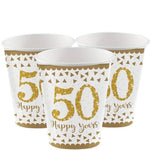 50th Gold Sparkling Wedding Anniversary Paper Party Cups - 266ml