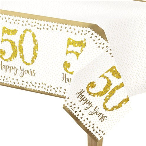 50th Gold Sparkling Wedding Anniversary Plastic Tablecover - 1.2m x 1.8m