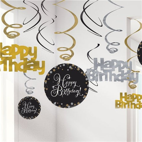 Gold Sparkling Celebration Happy Birthday Hanging Swirls - 45cm