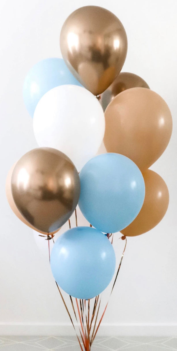 Chrome Sky Gold latex Balloons Bouquet of 11 with Helium