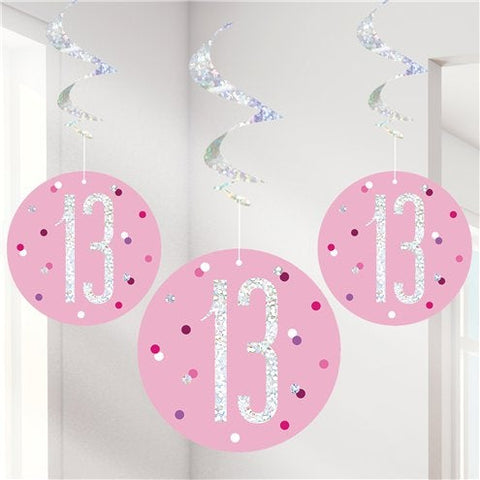 Pink Birthday Glitz Age 13 Hanging Swirls - 80cm