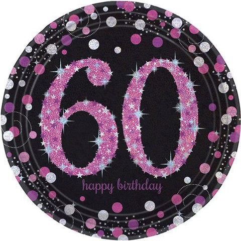 Pink Celebration Age 60 Paper Party Plates - 23cm