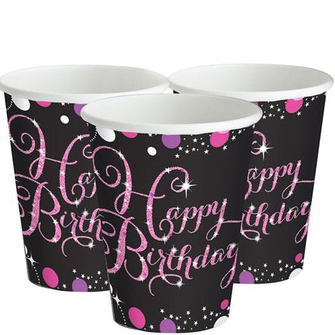 Pink Celebration Happy Birthday Paper Party Cups - 266ml