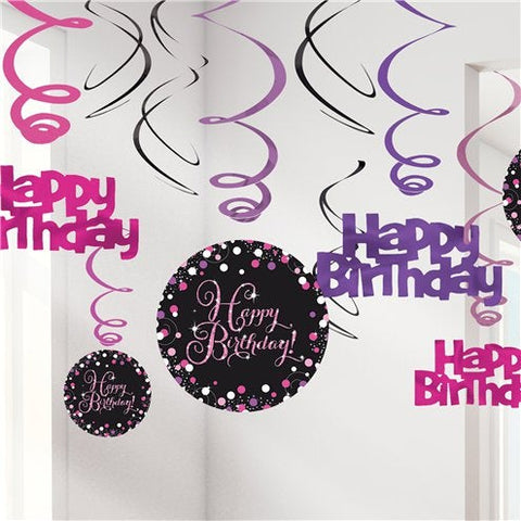 Pink Sparkling Celebration Happy Birthday Hanging Swirls - 45cm