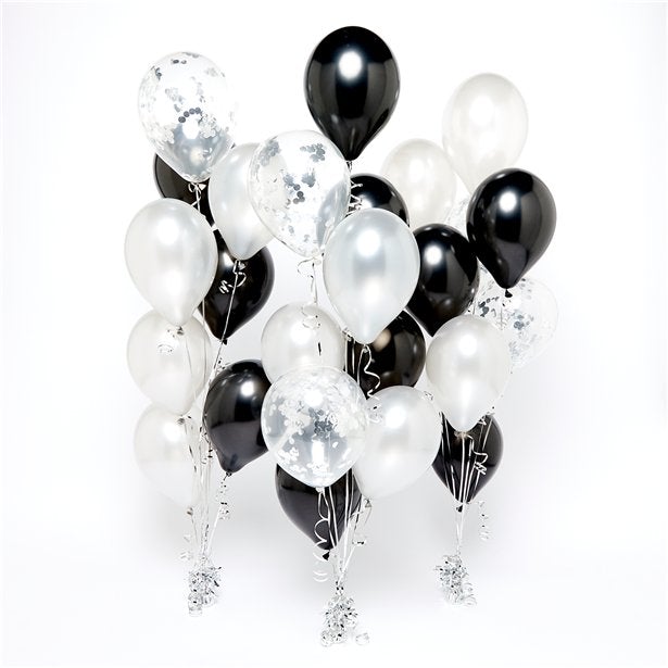 Silver & Black Confetti Balloon Bouquets with Helium - 3 Bunches Option