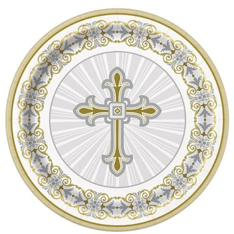 Silver & Gold Radiant Cross Paper Party Plates - 21.9cm