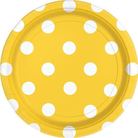 Yellow Polka Dot Paper Party Plates - 23cm